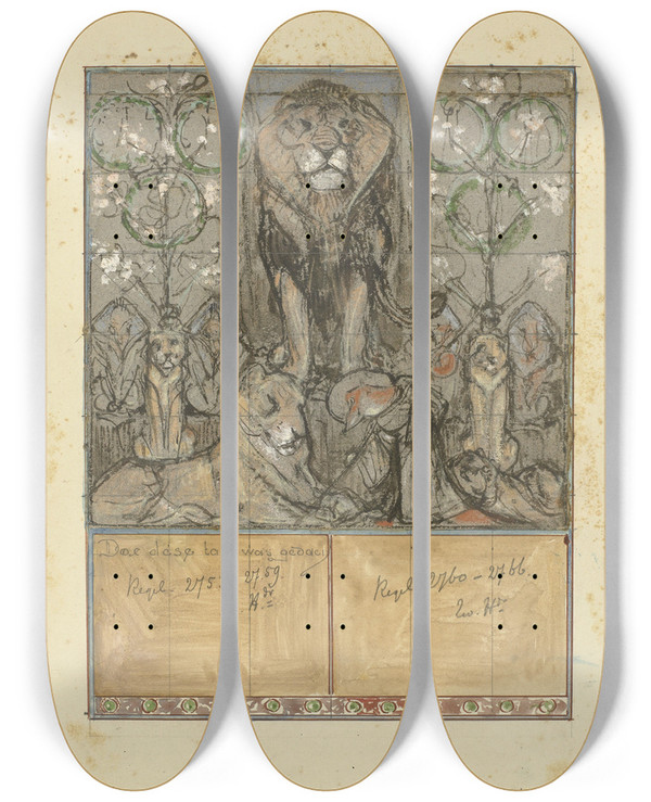 Triptych art skateboard deck of Bernard Willem Wierink Koning Nobel Schenkt Reinaert De Vrijheid by Bernard Willem Wierink (1856-1939)