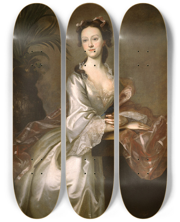 Triptych art skateboard deck of Joseph Blackburn Portrait Of Mrs John Pigott by Joseph Blackburn (1787)