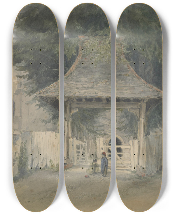 Triptych art skateboard deck of James Holland Porch Peckenham Church Kent by James Holland (1800-1870)