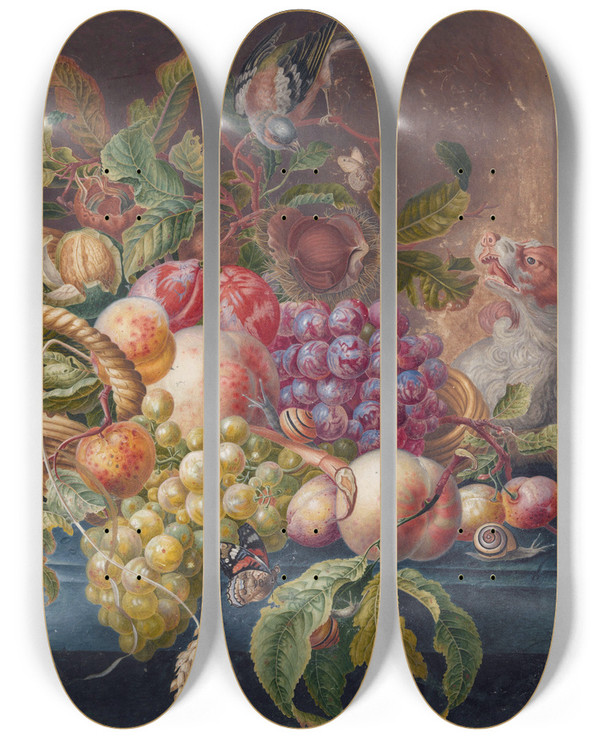 Triptych art skateboard deck of Herman Henstenburgh Fruit Still Life by Herman Henstenburgh (1667-1726)