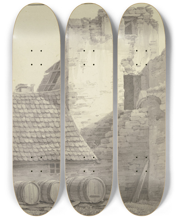 Triptych art skateboard deck of Christian Georg Schtz The Younger Haus An Einer Stadtmauer Mit Turm Und Treppe Im Vordergrund Drei Liegende Fsser by Christian Georg Schutz The Younger (1758-1823)