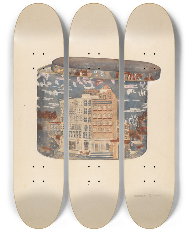 Triptych art skateboard deck of Samuel O Klein Bandbox by Samuel O Klein