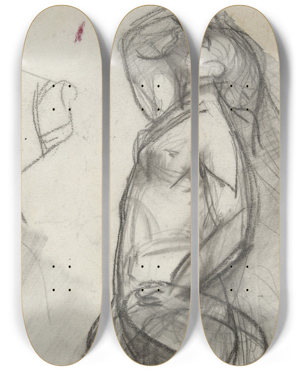Triptych art skateboard deck of August Alleb Staand Vrouwelijk Naakt Omhoog Kijkend Met De Hand Boven De Ogen by August Allebe (1838-1927)