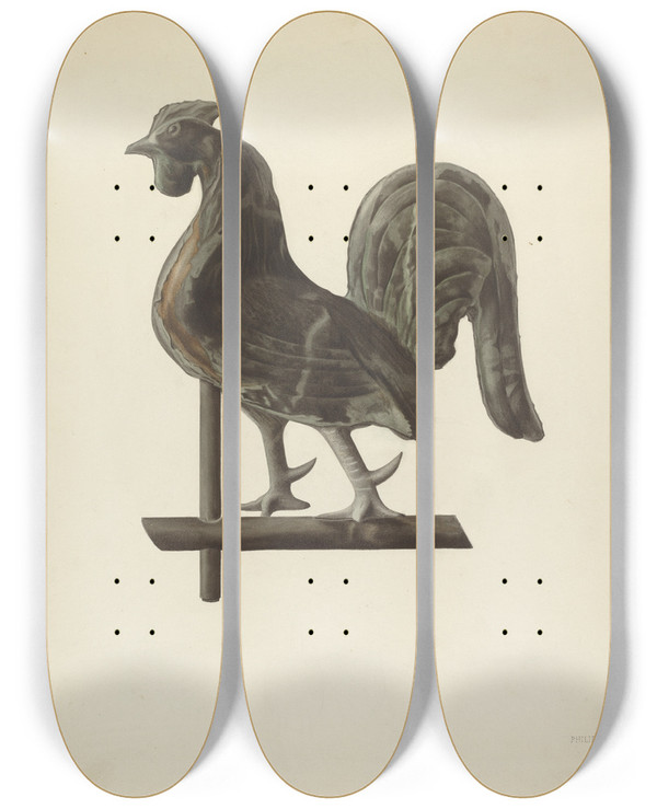 Triptych art skateboard deck of Philip Johnson Weather Vane Finial_1 by Philip Johnson