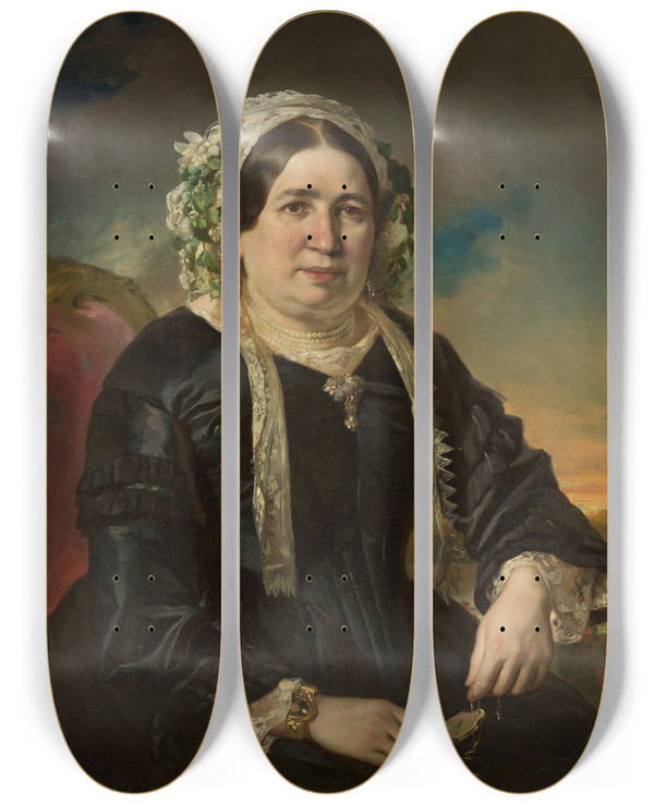 Triptych art skateboard deck of Franz Krger Portrait Of A Woman In A Cap by Franz Kruger (1797-1857)