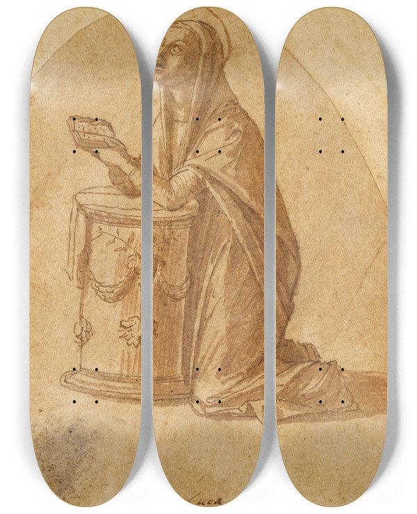 Triptych art skateboard deck of Lazzaro Bastiani The Virgin Annunciate by Lazzaro Bastiani (1429-1512)