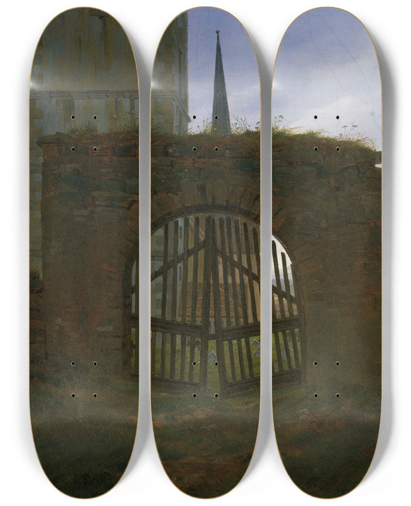 Triptych art skateboard deck of Caspar David Friedrich The Cemetery Gate The Churchyard by Caspar David Friedrich (1774-1840)