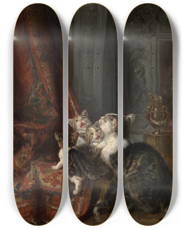 Triptych art skateboard deck of Louiseugne Lambert Interior With Cats by Louis-Eugne Lambert (1825-1900)