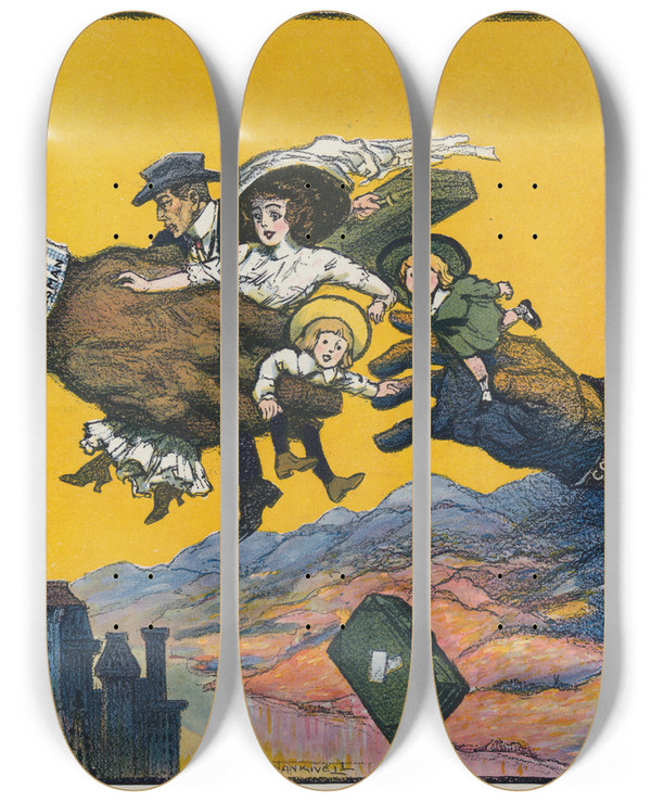 Triptych art skateboard deck of Frank Arthur Nankivell The Tug Of War by Frank Arthur Nankivell (1869-1959)