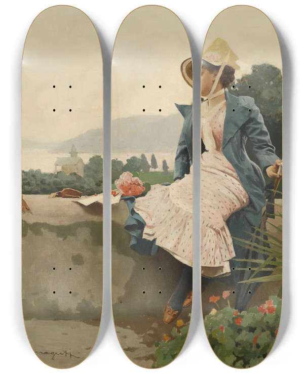 Triptych art skateboard deck of Arnaldo Ferraguti In Erwartung by Arnaldo Ferraguti (1862-1925)
