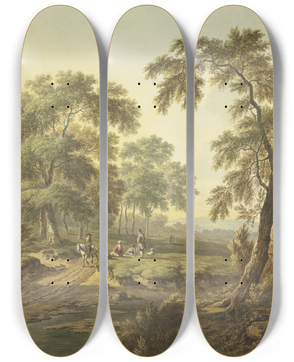 Triptych art skateboard deck of Abraham Teerlink Waldwiese Mit Wasser Auf Dem Weg Ein Reiter Auf Einem Schimmel Dabei Einige Ruhende Leute Mit Einem Hund by Abraham Teerlink (1776-1857)