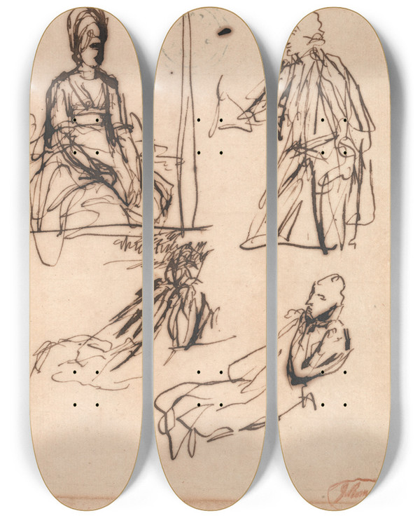 Triptych art skateboard deck of George Romney Studies For Portraits Of A Man And Of A Woman by George Romney (1734-1802)