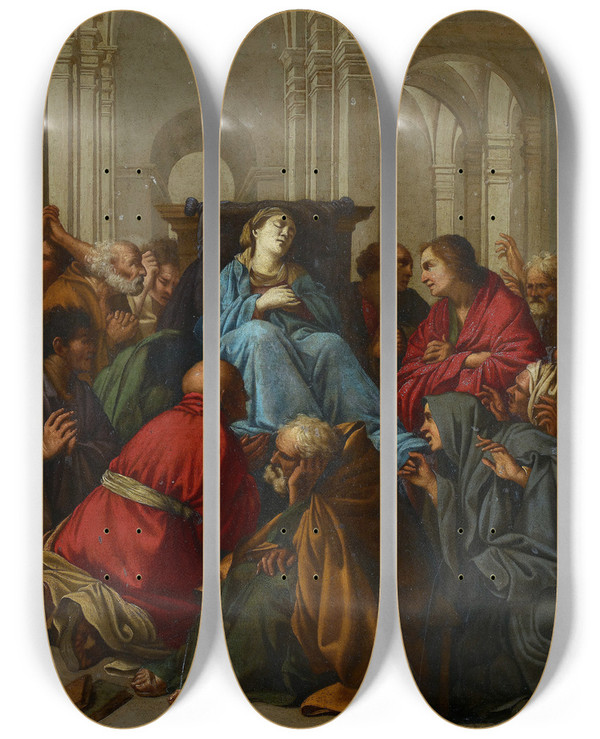 Triptych art skateboard deck of School Of Carlo Saraceni Death Of The Virgin by School Of Carlo Saraceni (1579-1620)