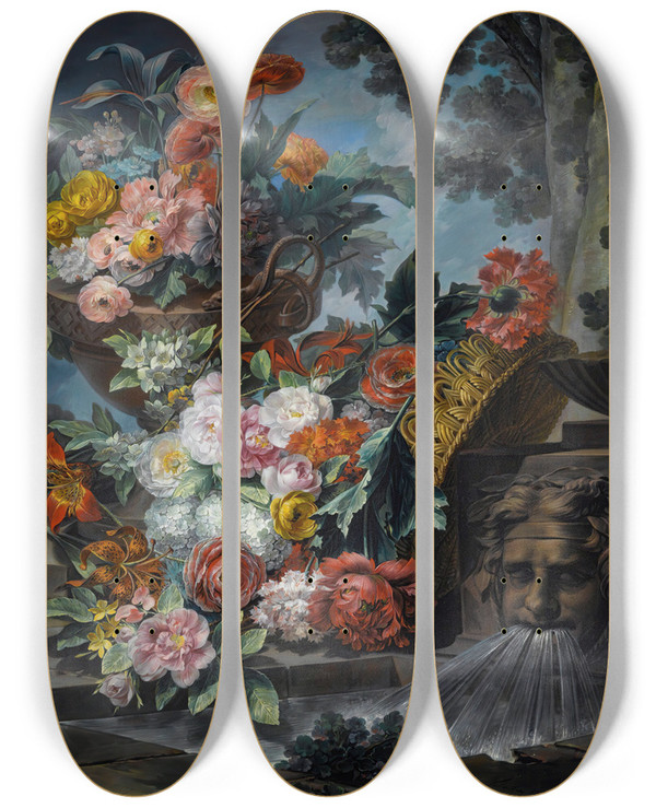 Triptych art skateboard deck of Miguel Parra Abril An Outdoor Scenewitha Pool Of Water A Basket And An Urn Filled With Carnations Roses Peonies Lilies Hydrangeas And Other Flowers by Miguel Parra Abril (1780-1846)