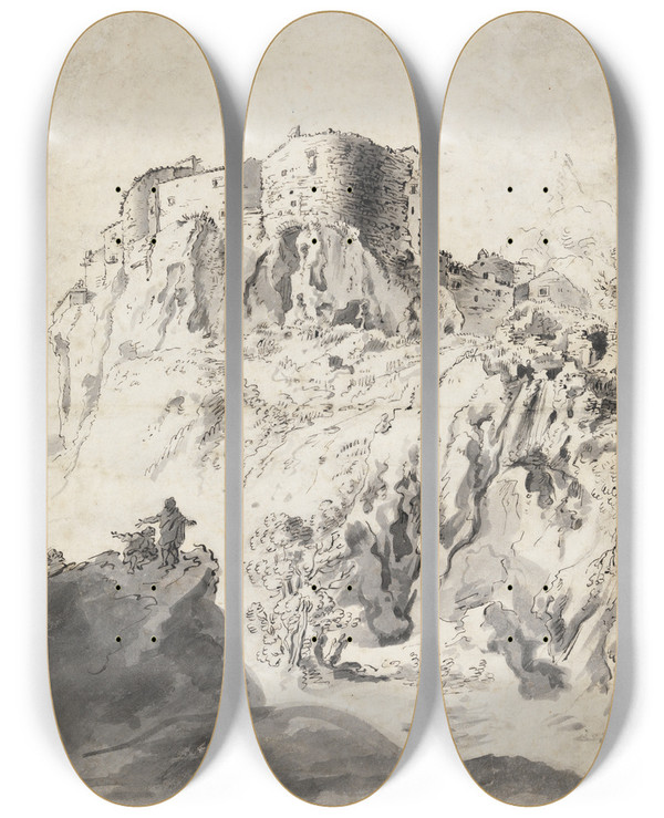 Triptych art skateboard deck of Bartholomeus Breenbergh Italienische Landschaft Mit Kastell by Bartholomeus Breenbergh (1598-1657)