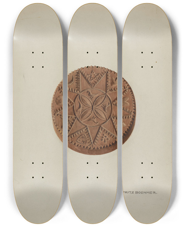 Triptych art skateboard deck of Fritz Boehmer Zoar Buttermold by Fritz Boehmer