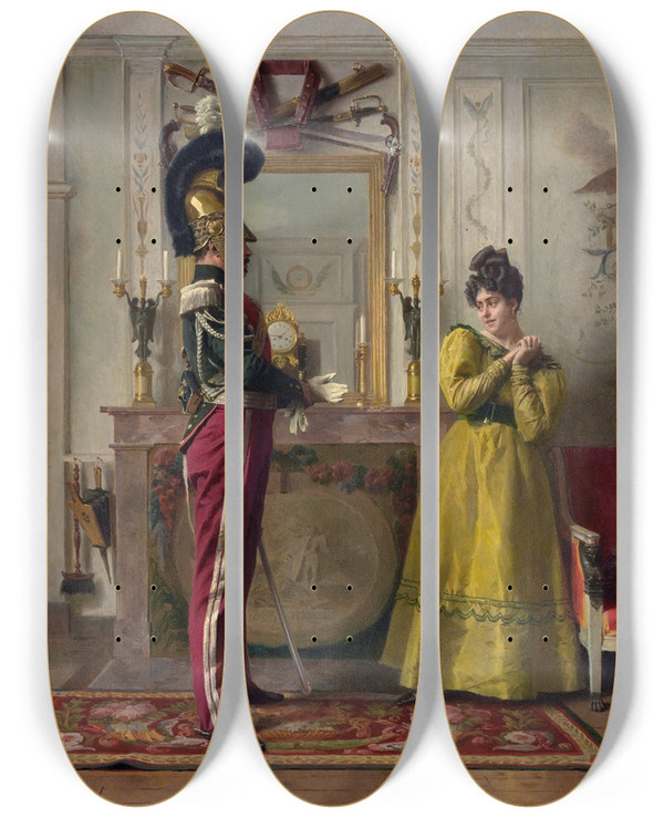 Triptych art skateboard deck of Jules Worms Departure For The Review by Jules Worms (1832-1924)