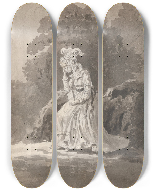 Triptych art skateboard deck of James Miller Figure Study Of A Seated Lady by James Miller (1773-1814)