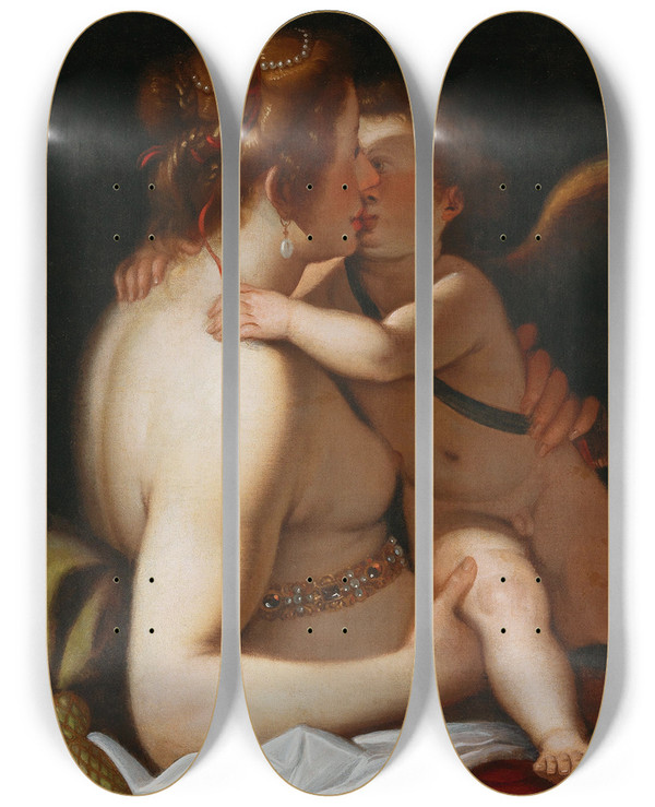 Triptych art skateboard deck of Giovanni Battista Paggi Venus And Cupid by Giovanni Battista Paggi (1554-1627)