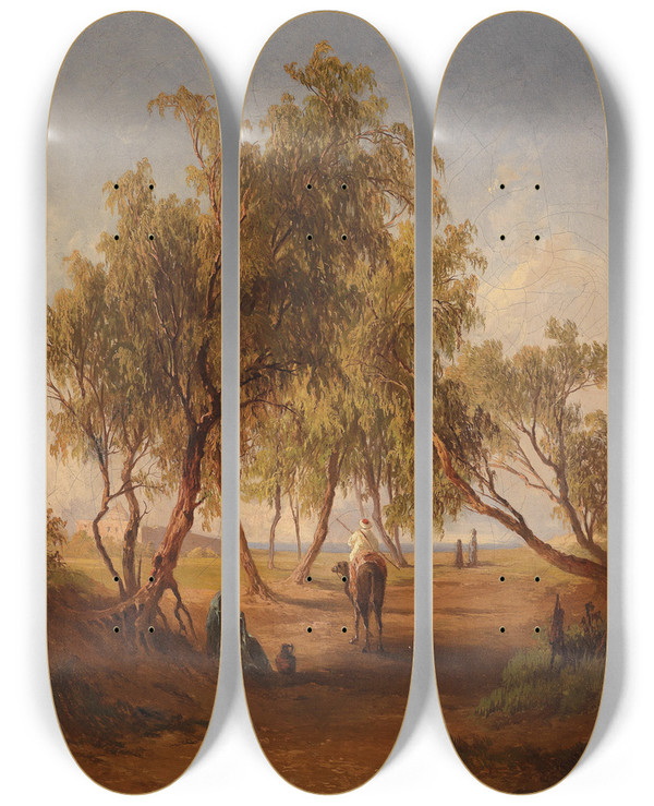 Triptych art skateboard deck of Georg Geyer Orientalischer Reiter Vor Einer Stadt by Georg Geyer (1823-1912)