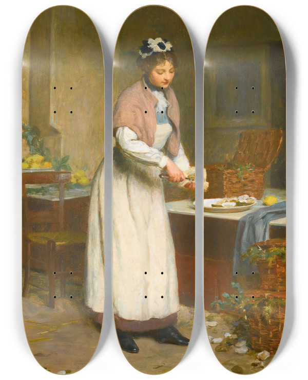 Triptych art skateboard deck of Victor Gabriel Gilbert La Marchande Dhuitres by Victor Gabriel Gilbert (1847-1933)