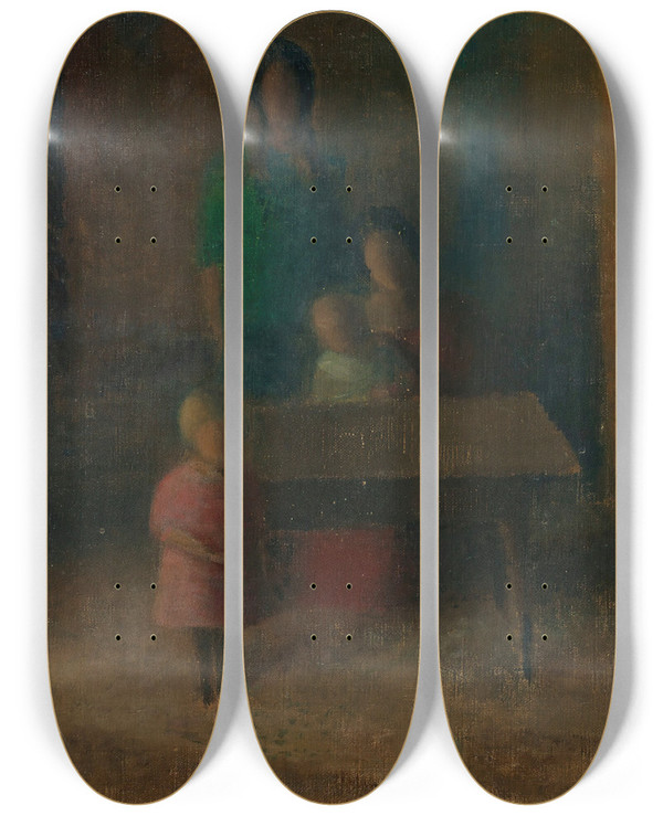 Triptych art skateboard deck of Johann Von Tscharner Familie Am Tisch by Johann Von Tscharner (1886-1946)