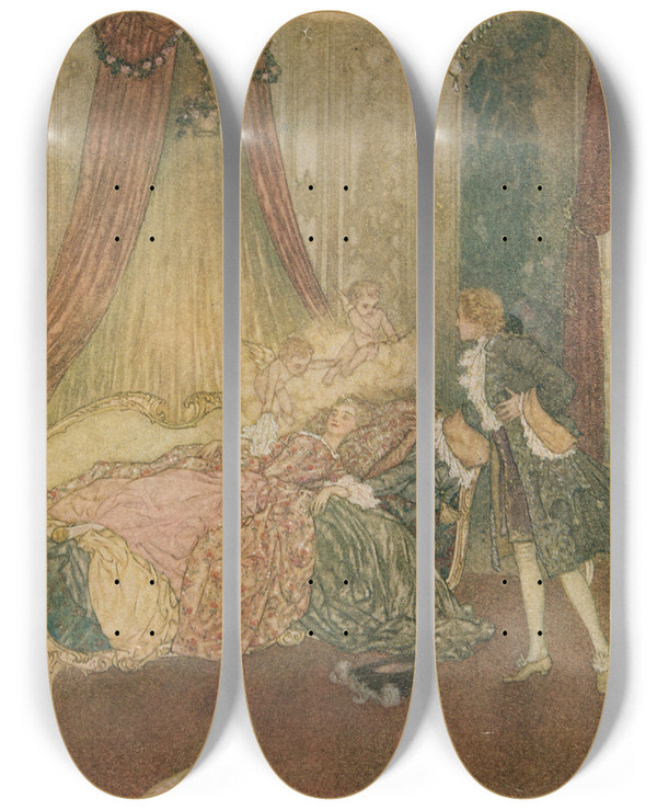 Triptych art skateboard deck of Edmund Dulac And There On A Bed The Curtains Of Which Were Drawn Wide He Beheld The Loveliest Vision He Had Ever Seen_1 by Edmund Dulac (1882-1953)
