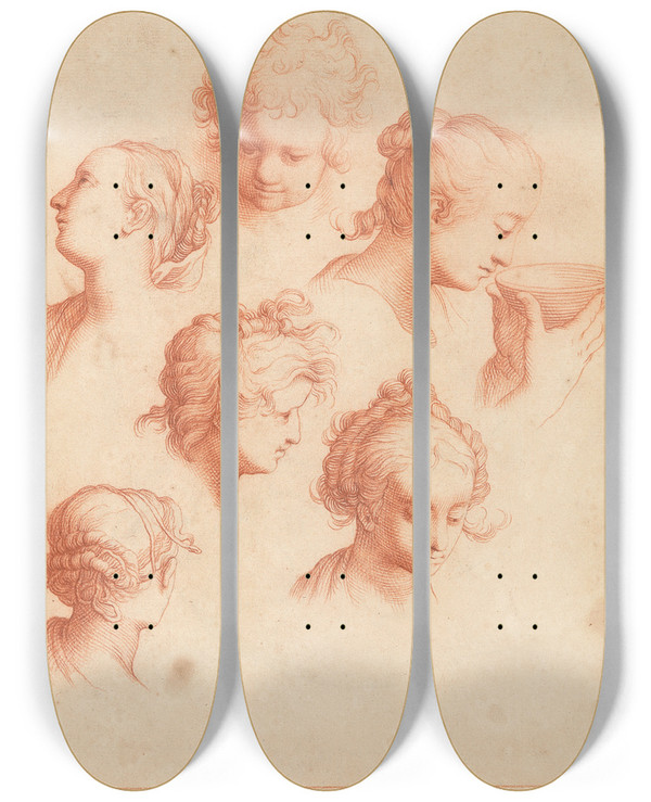 Triptych art skateboard deck of Hamlet Winstanley Sketches Of Heads by Hamlet Winstanley (1698-1756)