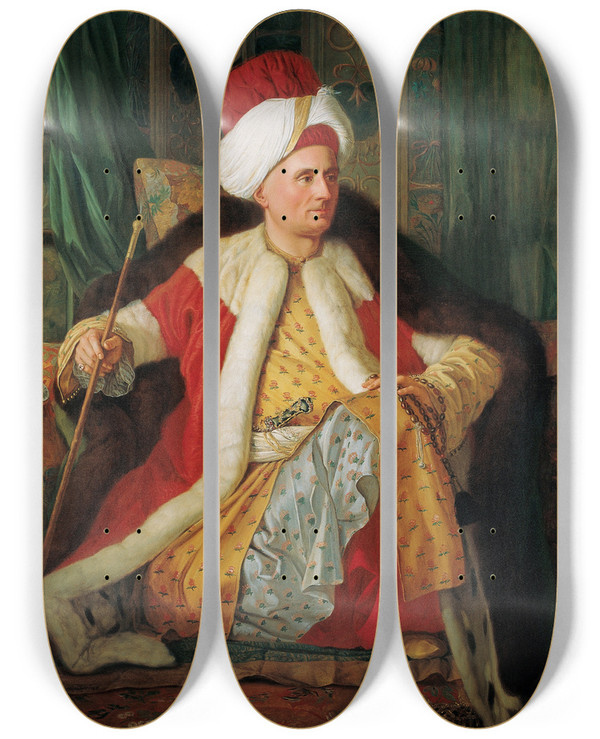 Triptych art skateboard deck of Antoine De Favray Portrait Of Charles Gravier Count Of Vergennes And French Ambassador In Turkish Attire by Antoine De Favray (1706-1798)