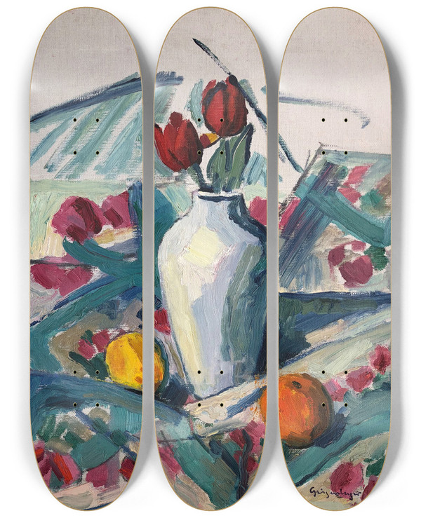 Triptych art skateboard deck of Otto Geigenberger Tischstillleben Mit Tulpen by Otto Geigenberger (1881-1946)