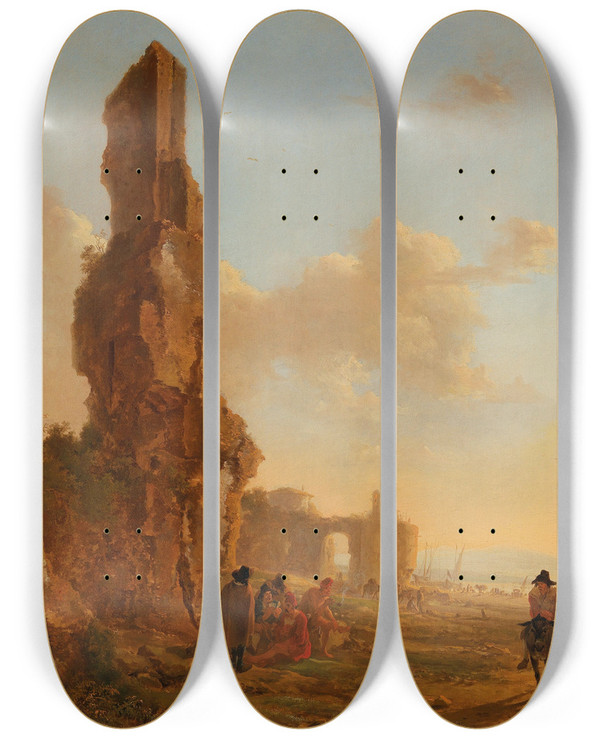 Triptych art skateboard deck of Jan Both An Italianate Landscape With Ruins by Jan Both (1618-1652)