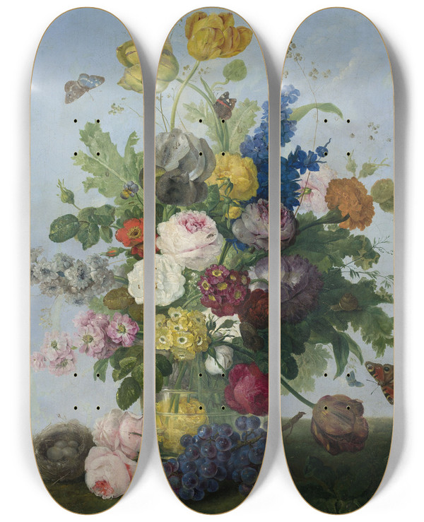 Triptych art skateboard deck of Sebastian Wegmayr Bouquet Of Flowers And A Nest by Sebastian Wegmayr (1776-1857)