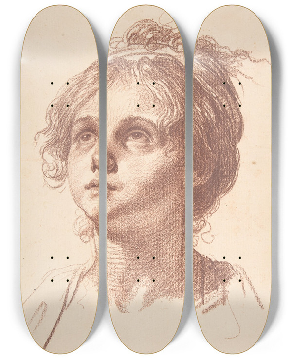 Triptych art skateboard deck of Jeanbaptiste Greuze Head Of A Girl Looking Up by Jean-Baptiste Greuze (1725-1805)