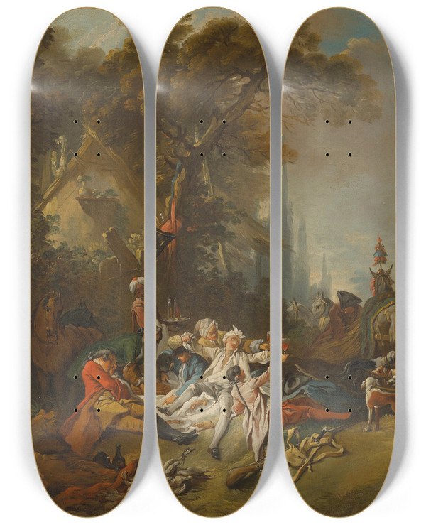 Triptych art skateboard deck of Franois Boucher The Rest On The Hunt by Francois Boucher (1703-1770)