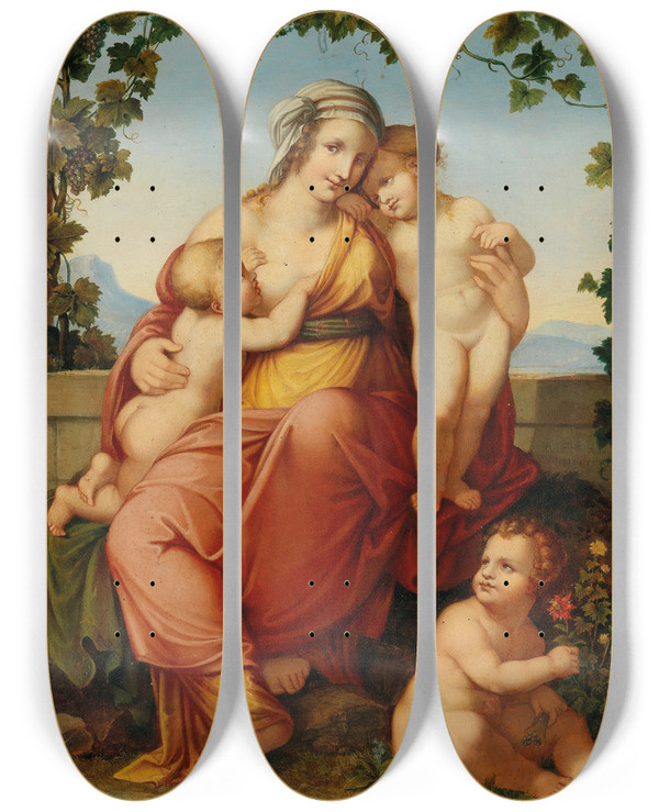 Triptych art skateboard deck of Franz Riepenhausen Caritas Romana by Franz Riepenhausen (1786-1831)
