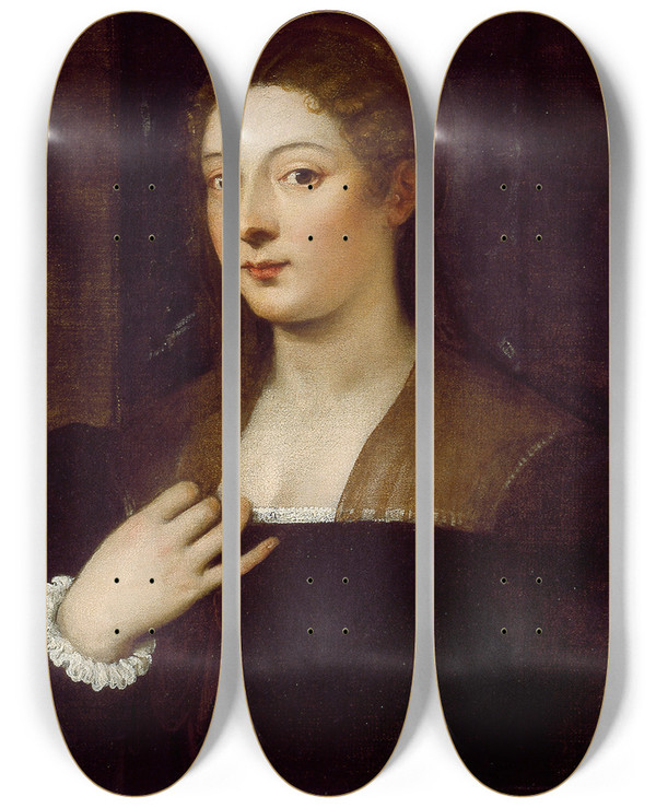 Triptych art skateboard deck of Titian Portrait Of A Lady by Titian (1488-1576)