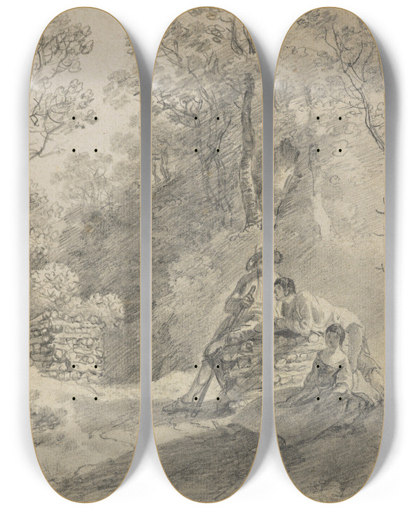 Triptych art skateboard deck of Thomas Gainsborough Wooded Landscape With Figures_2 by Thomas Gainsborough (1727-1788)
