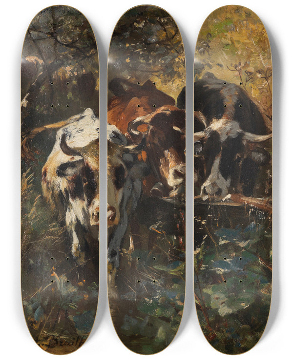 Triptych art skateboard deck of Anton Braith Khe In Der Waldweide by Anton Braith (1836-1905)