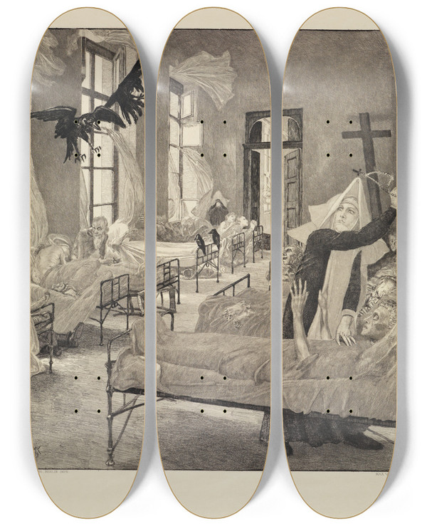 Triptych art skateboard deck of Max Klinger Pest Vom Tode Zweiter Theil Opus Xi Blatt 6 by Max Klinger (1857-1920)