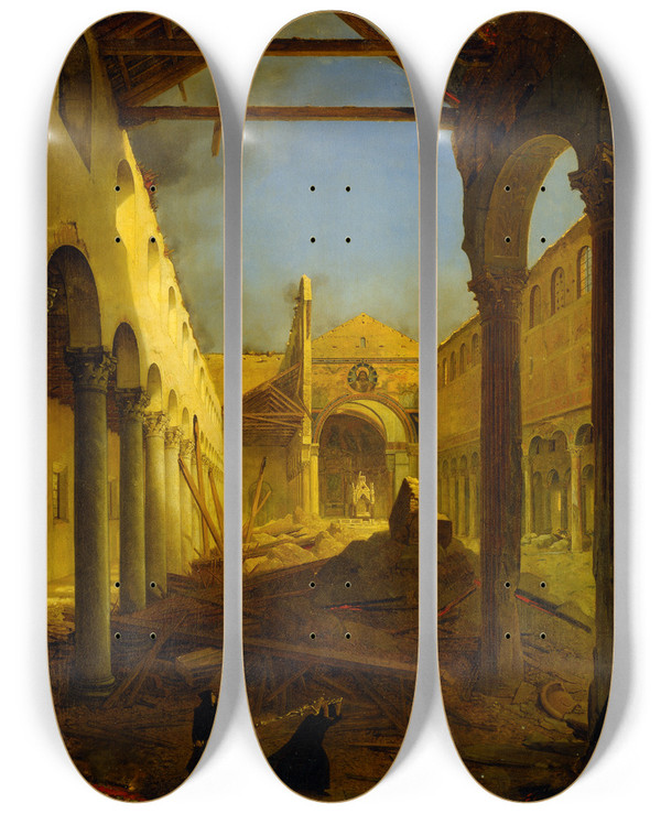 Triptych art skateboard deck of Louis Lopold Robert The Church Of San Paolo Fuori Le Mura The Day After The Fire Of 1823 by Louis Leopold Robert (1794-1835)
