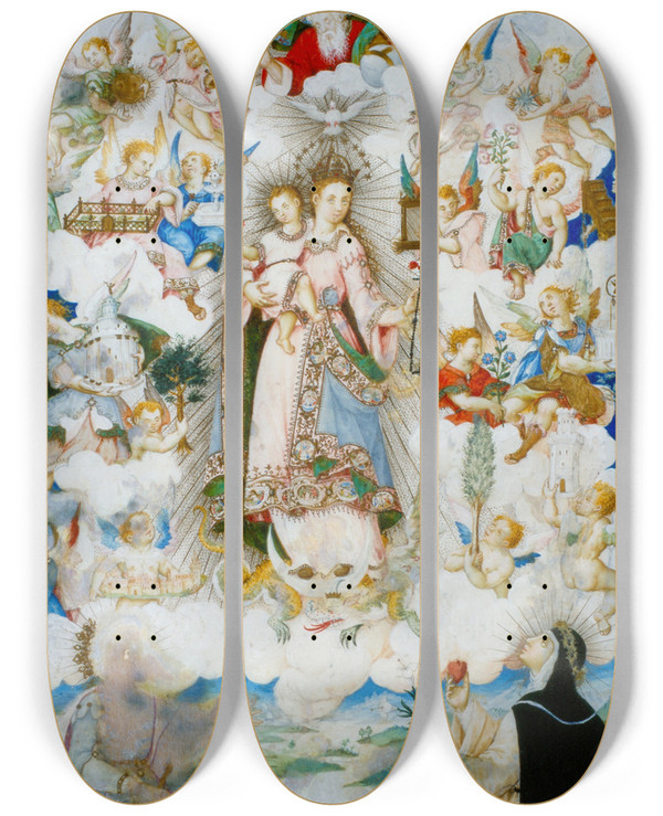 Triptych art skateboard deck of Luis Lagarto The Virgin Of The Rosary With Saint Catherine Of Alexandria And Saint Catherine Of Sienna by Luis Lagarto (1556-1620)