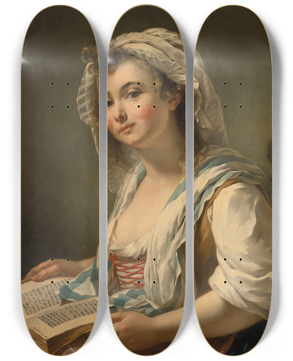 Triptych art skateboard deck of Jeanbaptiste Charpentier A Girl Holding A Book by Jean-Baptiste Charpentier (1728-1806)
