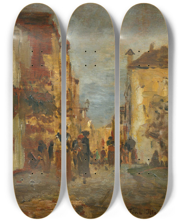 Triptych art skateboard deck of Tina Blau A Town Street by Tina Blau (1845-1916)