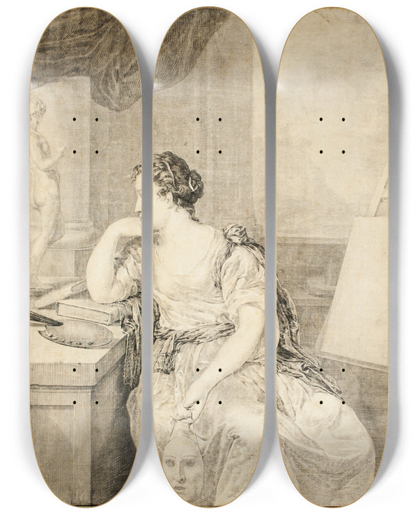 Triptych art skateboard deck of After Caspar Netscher Portrait Of Madame De Poullain by After Caspar Netscher (1639-1684)