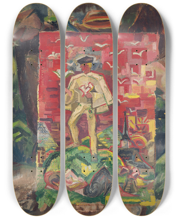 Triptych art skateboard deck of Arnold Peter Weiszkubnan Symbolic Figure Of A Man In A Folk Costume by Arnold Peter Weisz-Kubnan (1898-1944)