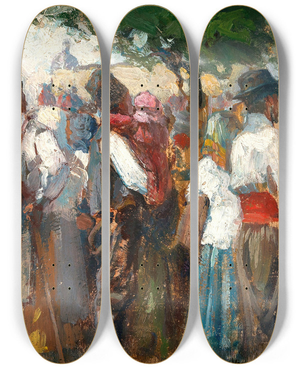 Triptych art skateboard deck of Nicolae Vermont A Market Scene by Nicolae Vermont (1866-1932)