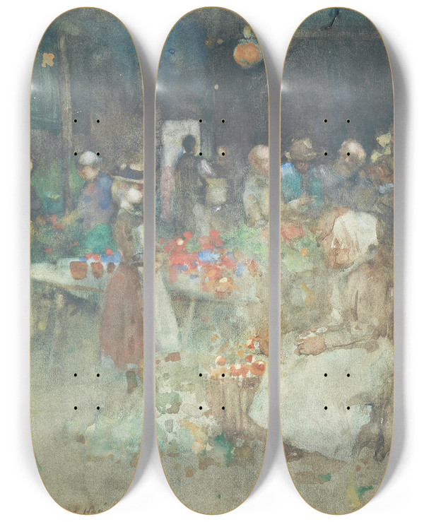 Triptych art skateboard deck of James Watterston Herald Flower Market by James Watterston Herald (1859-1914)