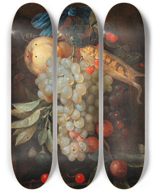 Triptych art skateboard deck of Joris Van Son A Hanging Bouquet Of Fruit Including Grapes A Pear And Corn On The Cob With Butterflies by Joris Van Son (1623-1667)
