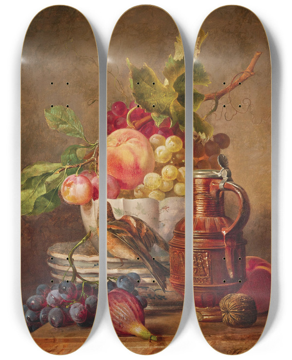 Triptych art skateboard deck of Josef Schuster Fruit Still Life With A Goldfinch And A Wine Jug by Josef Schuster (1812-1890)