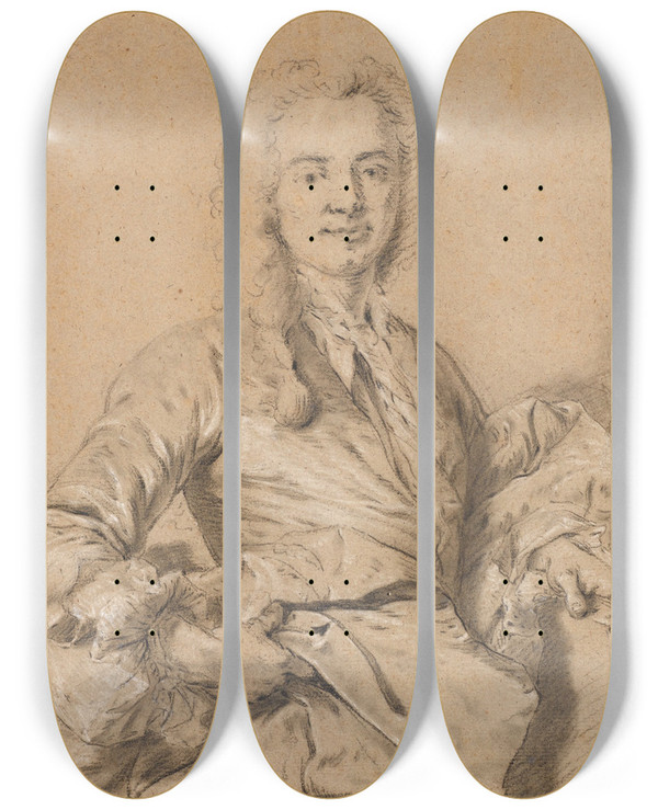 Triptych art skateboard deck of Louis Tocqu Portrait Of An Artist by Louis Tocque (1696-1772)